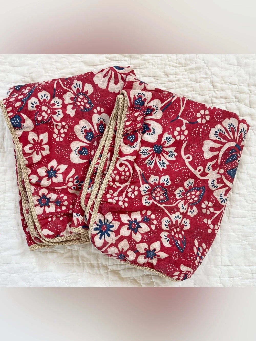 x2 Ralph Lauren Villa Martine KING Pillow Shams Red Blue Floral Jute Trim Cotton